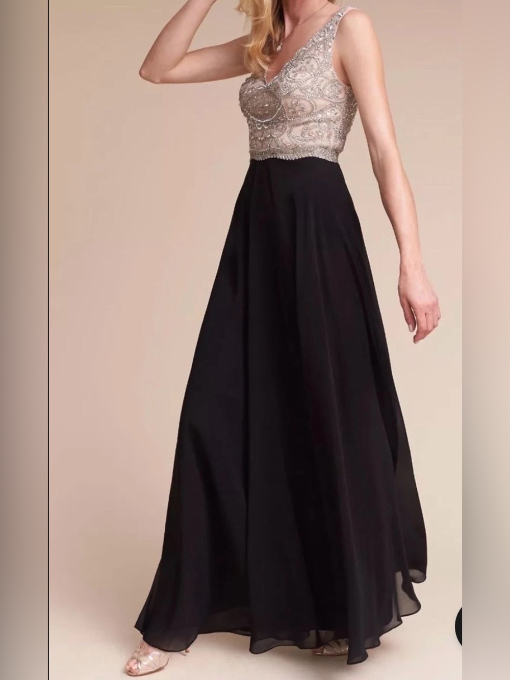 Aidan Mattox Elegant Beaded Regina Evening Gown in Black & Champagne